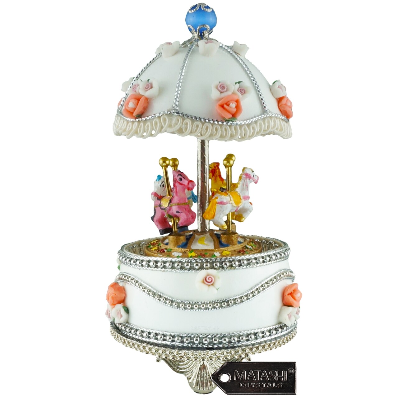Matashi Carousel Faberge Egg Music Box Plays Swan Lake With Flowers And Silver Accentelegant Table Top Ornament W/